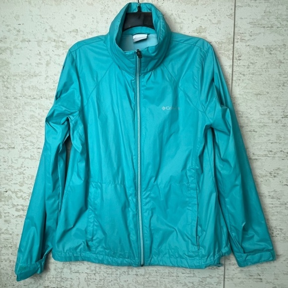 Columbia Nylon Blue Rain Wind Coat Large Packable - Picture 1 of 16